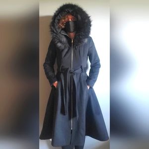 Bebe - Black fur hooded wool blend coat with belt